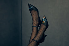 Load image into Gallery viewer, Luxurious black high heels adorned with an artistic depiction of ancient dance