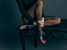 Load image into Gallery viewer, Navy leather chukka Italian shoes with a hand-painted Queen design and bold red paint on the toes.