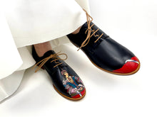 Load image into Gallery viewer, Navy leather Oxford Italian shoes with a hand-painted Queen design and bold red paint on the toes.