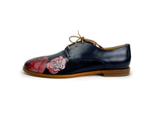 Load image into Gallery viewer, handpainted Italian comfortable oxford navy blue shoes with rose design