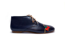 Load image into Gallery viewer, Elegant black Italian leather flats featuring a hand painted pomegranate design