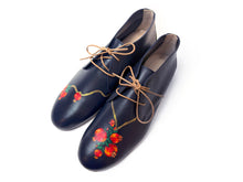 Load image into Gallery viewer, Elegant black Italian leather flats featuring a hand painted pomegranate design
