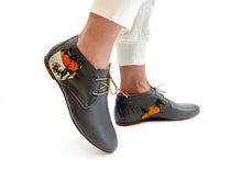 Load image into Gallery viewer, handpainted Italian comfortable charcoal chukka boots with orange design