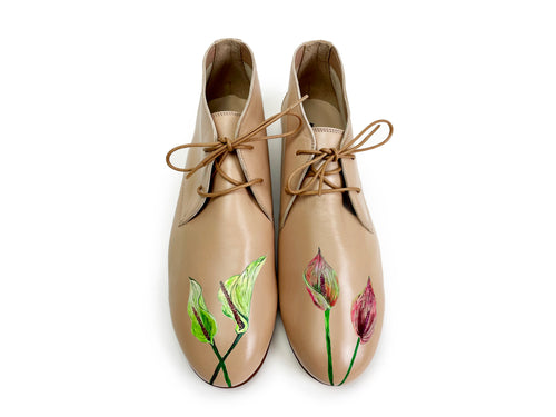 handpainted Italian comfortable beige chukka boots with flower design