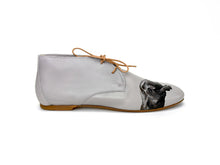 Load image into Gallery viewer, Unique handcrafted gray shoes with an artistic painting of a girl and a big dog
