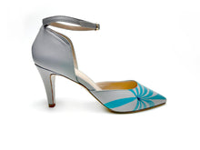 Load image into Gallery viewer, Hand painted Italian leather high heels in gray, featuring an artistic abstract swirl design in blue and gold