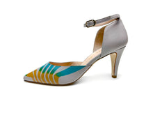 Load image into Gallery viewer, Hand painted Italian leather high heels in gray, featuring an artistic abstract swirl design in blue and gold