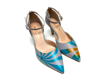 Load image into Gallery viewer, Hand painted Italian leather high heels in gray, featuring an artistic abstract swirl design in blue and gold