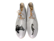 Load image into Gallery viewer, Unique handcrafted gray shoes with an artistic painting of a girl and a big dog