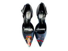 Load image into Gallery viewer, Italian heels with decorative navy blue and artistic design of frida
