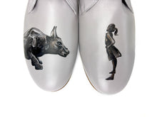 Load image into Gallery viewer, Unique handcrafted gray shoes with an artistic painting of a girl and a big dog