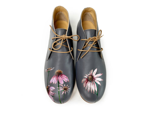 handpainted Italian comfortable charcoal chukka boots with digital flower design