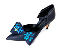 Load image into Gallery viewer, Stylish navy blue leather heels with a statement bow featuring a unique hand painted design