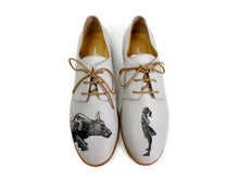 Load image into Gallery viewer, Elegant gray shoes featuring a whimsical artwork of a girl and her big dog