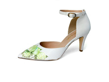 Load image into Gallery viewer,  handcrafted white Italian leather heels with a romantic bridal flower painting
