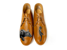 Load image into Gallery viewer, Elegant camel color shoes heels featuring a whimsical artwork of a girl and her big dog