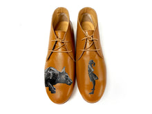 Load image into Gallery viewer, Elegant camel color shoes heels featuring a whimsical artwork of a girl and her big dog