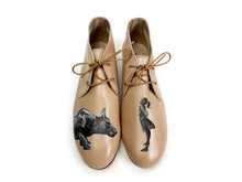 Load image into Gallery viewer, Unique handcrafted Beige shoes with an artistic painting of a girl and a big dog