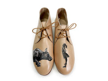 Load image into Gallery viewer, Unique handcrafted Beige shoes with an artistic painting of a girl and a big dog
