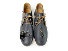 Load image into Gallery viewer, Elegant gray shoes heels featuring a whimsical artwork of a girl and her big dog
