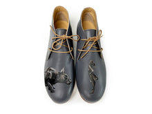 Load image into Gallery viewer, Elegant gray shoes heels featuring a whimsical artwork of a girl and her big dog