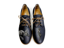 Load image into Gallery viewer, Elegant black shoes heels featuring a whimsical artwork of a girl and her big dog.