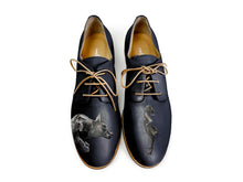 Load image into Gallery viewer, Elegant black shoes heels featuring a whimsical artwork of a girl and her big dog.