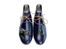 Load image into Gallery viewer, Unique handcrafted black shoes with an artistic painting of a girl and a big dog