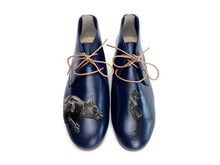 Load image into Gallery viewer, Unique handcrafted black shoes with an artistic painting of a girl and a big dog
