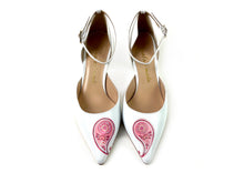 Load image into Gallery viewer, Stylish white high heels with a unique hand painted Valentine’s design perfect for a romantic touch
