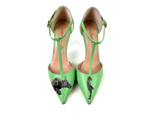 Load image into Gallery viewer, Green high heels featuring a hand painted design of a large dog and a girl