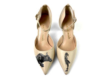 Load image into Gallery viewer, Cream high heels featuring a hand painted design of a large dog and a girl