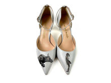 Load image into Gallery viewer, White high heels featuring a hand painted design of a large dog and a girl