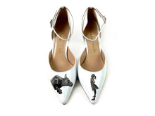 Load image into Gallery viewer, White high heels featuring a hand painted design of a large dog and a girl