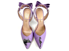 Load image into Gallery viewer, Stylish purple leather heels adorned with a hand painted girl and dog motif