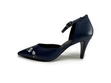Load image into Gallery viewer, handpainted Italian comfortable navy blue  pumps heels with bird design