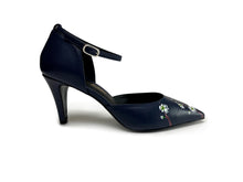 Load image into Gallery viewer, handpainted Italian comfortable navy blue  pumps heels with bird design