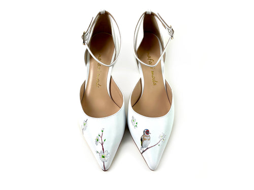 handpainted Italian comfortable white  pumps heels with bird design