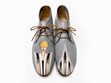 Load image into Gallery viewer, Masquerade hand-painted gray chukkas with Art Deco portrait design