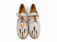 Load image into Gallery viewer, Masquerade hand-painted ivory oxfords with Art Deco portrait design