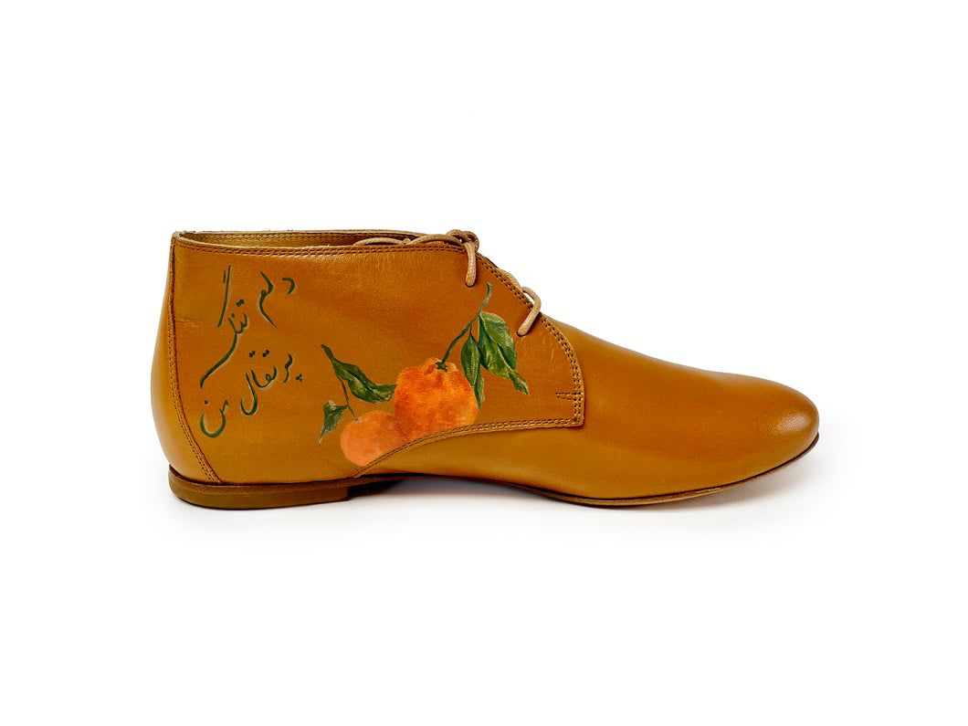 handpainted Italian comfortable cognac chukka boots with orange design
