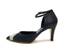 Load image into Gallery viewer, handpainted Italian comfortable navy blue pumps heels with cubism design