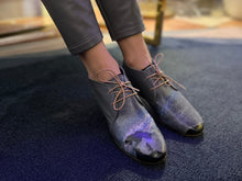 Load image into Gallery viewer, handpainted Italian comfortable charcoal chukka boots with galaxy design