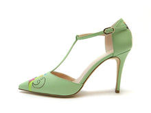 Load image into Gallery viewer, handpainted Italian comfortable pale green pumps heels with cubism design