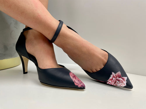 handpainted Italian comfortable navy blue heels pumps with rose design