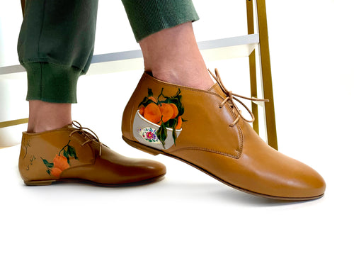 handpainted Italian comfortable cognac chukka boots with orange design