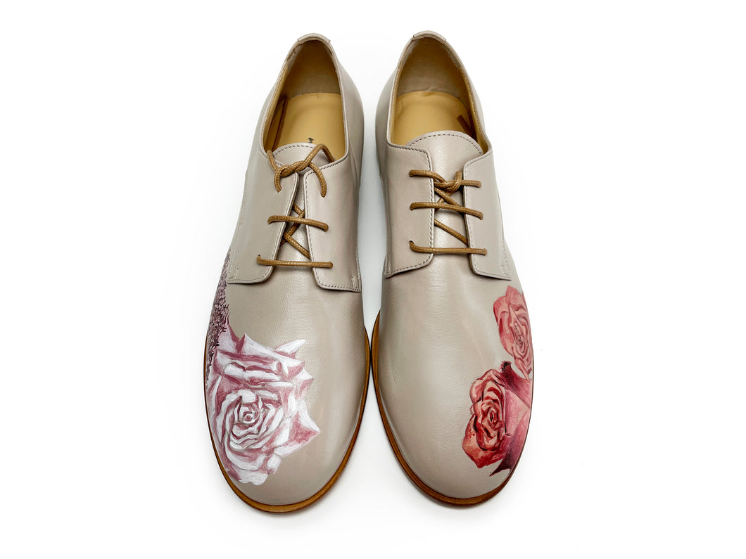 handpainted Italian comfortable oxford ivory shoes with rose design