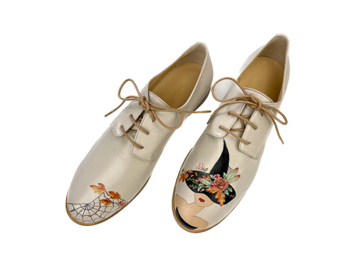 handpainted Italian comfortable oxford ivory shoes with witch design