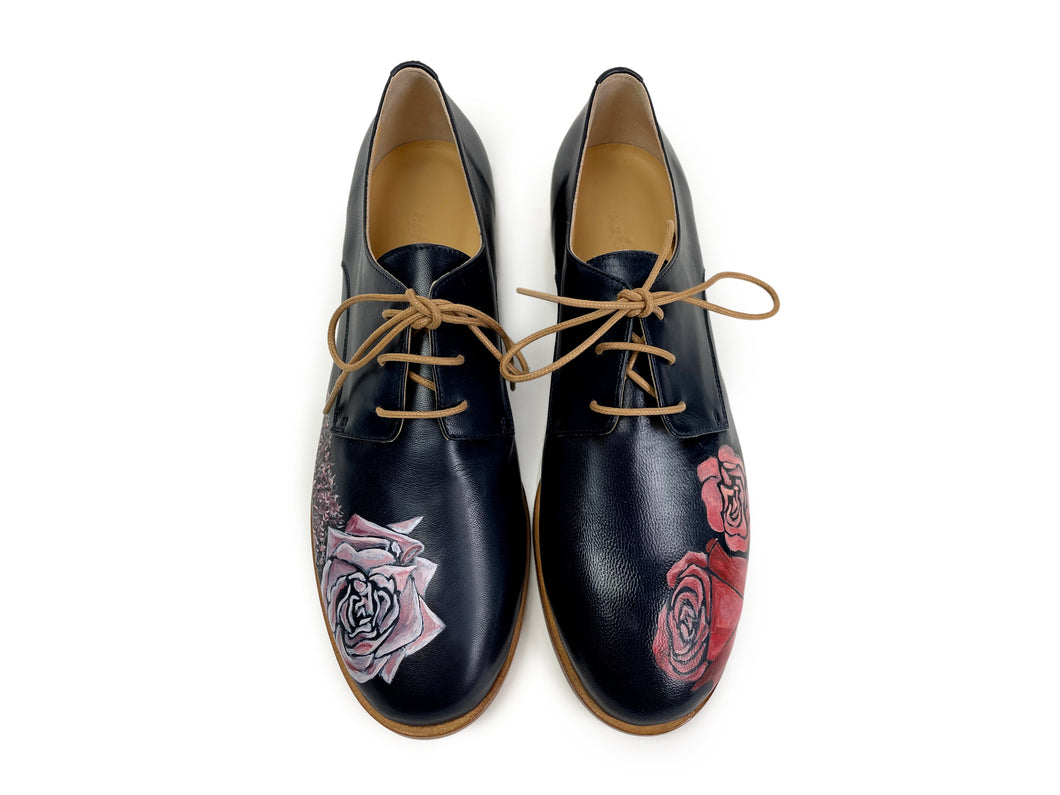 handpainted Italian comfortable oxford navy blue shoes with rose design
