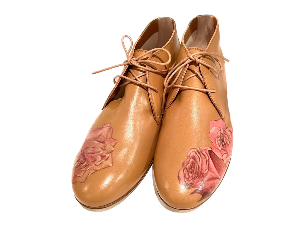 handpainted Italian comfortable cognac chukka boots with rose design